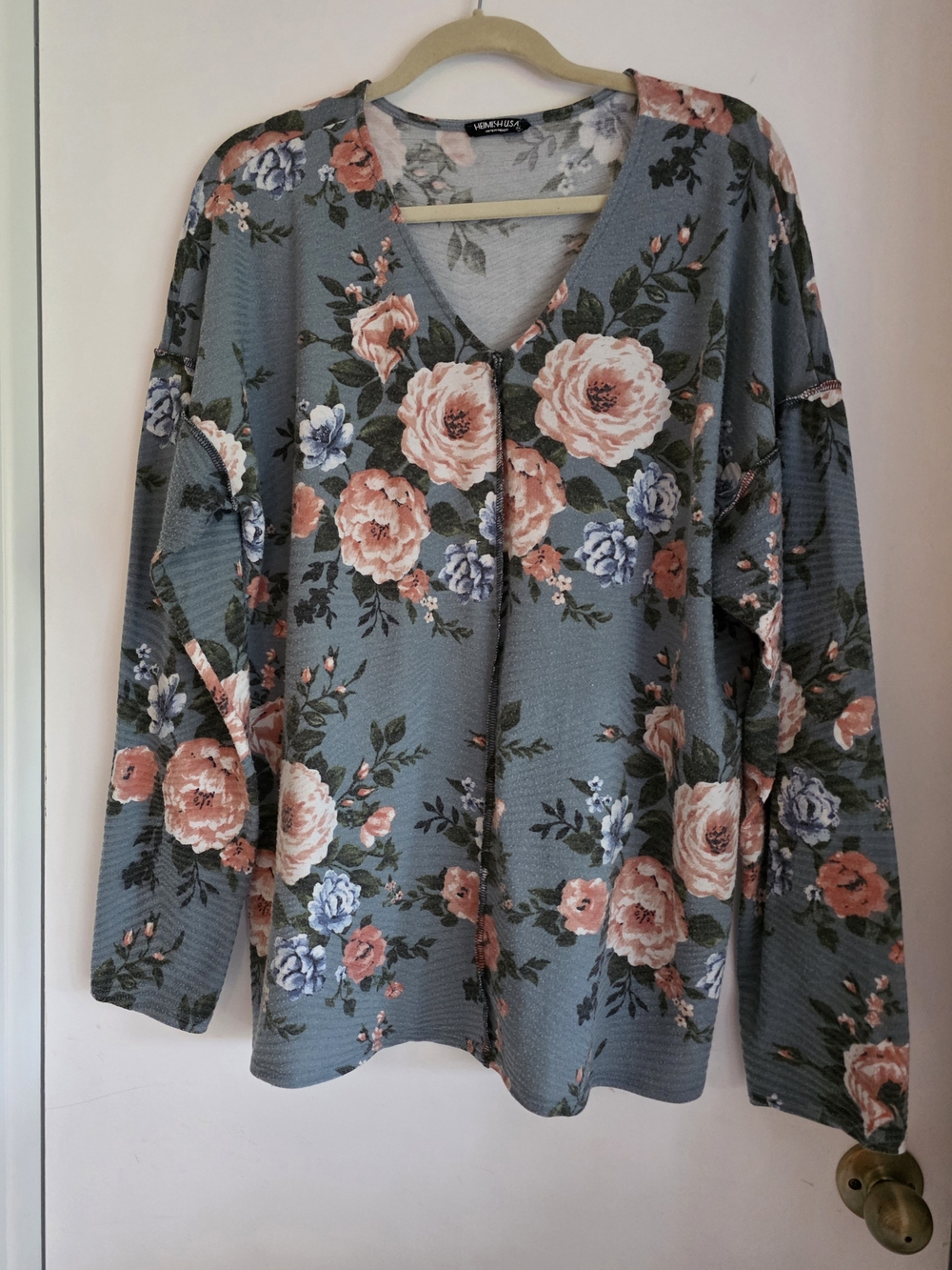 HEIMISH USA Dusty Blue Floral V-Neck Long Sleeve Top with Peach Blooms 2x